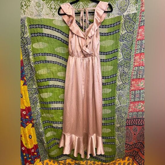 Show Me Your Mumu Rose Gold Samantha Ruffle Wrap Dress Size Medium MISSING SASH - Picture 9 of 16